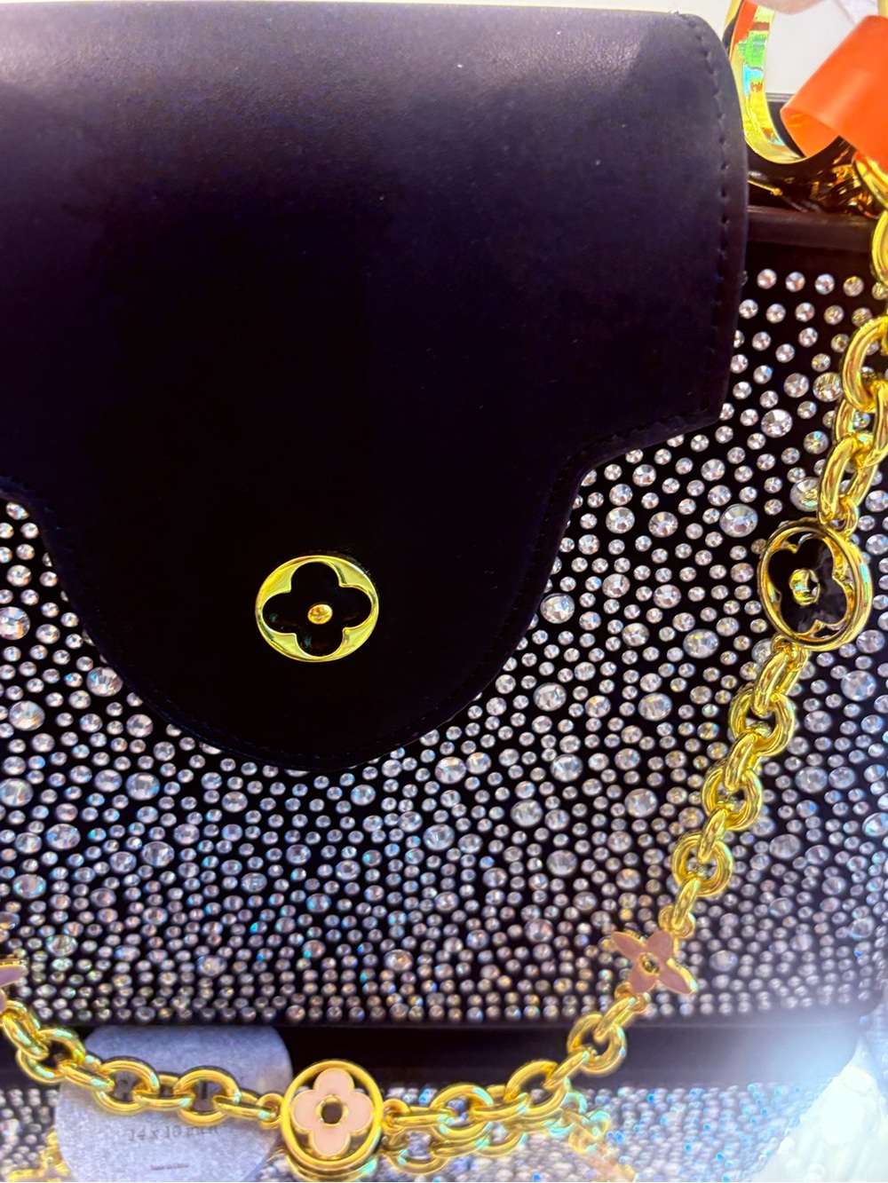 Black Crystal-Embellished Women's Shoulder Bag with Gold Chain